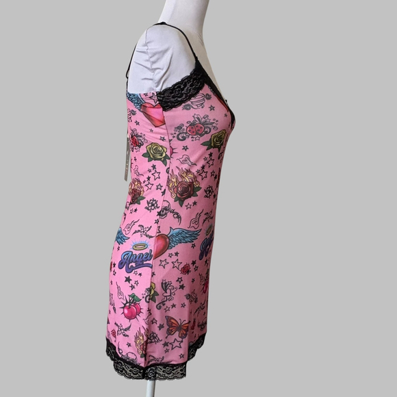 Dolls Kill Delias Tattoo Print Lace Trim Mini Slip Dress - Picture 2 of 8